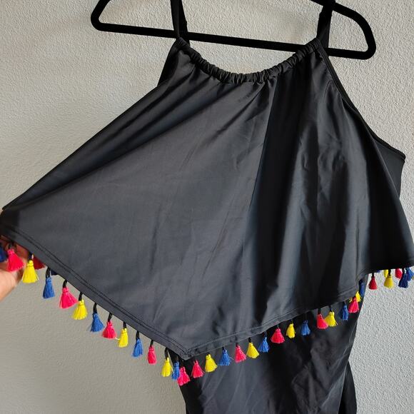 Swim by Cacique Plus Size 28 Black Multicolor Tassel Pom Pom Tankini Top Flowy - Picture 5 of 6